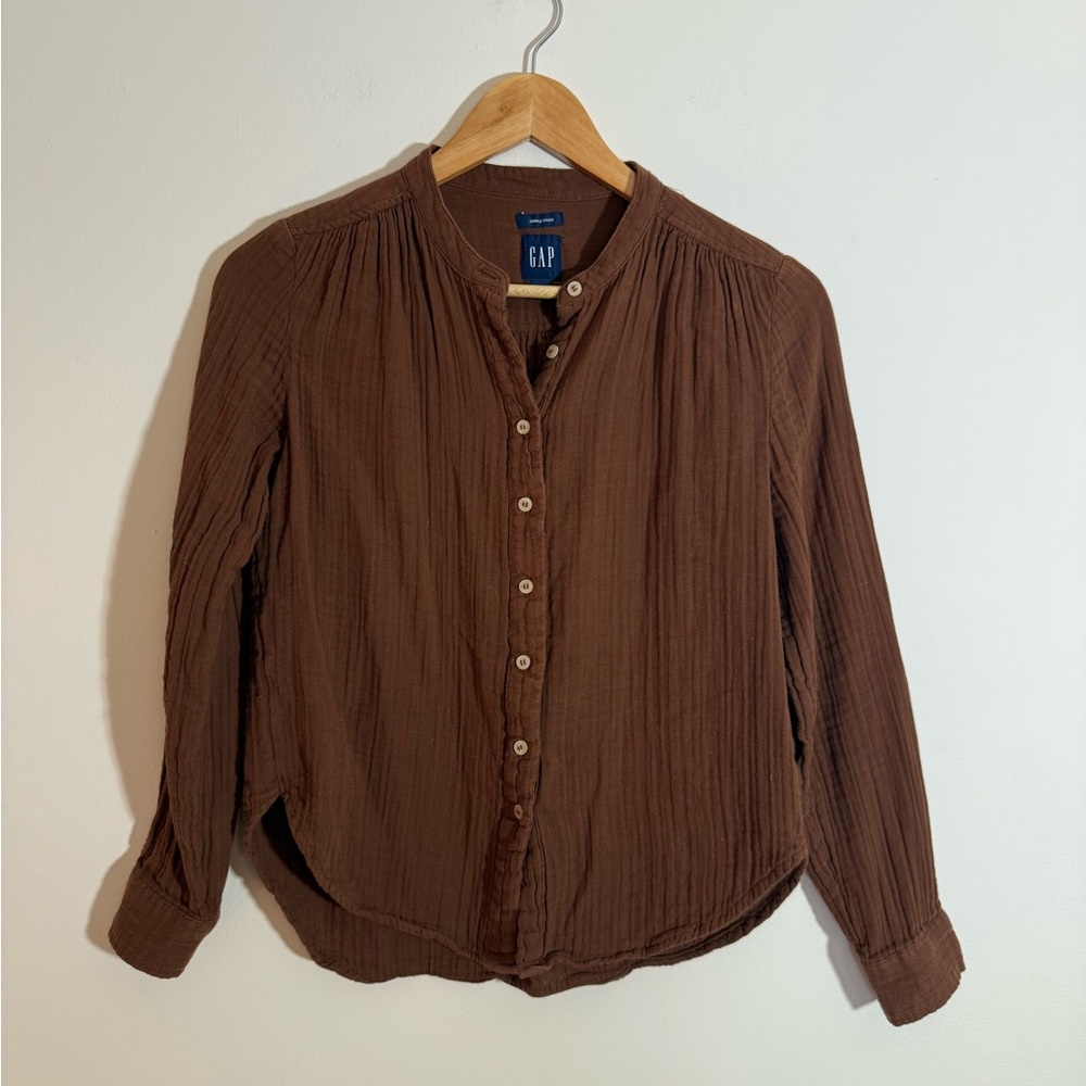 Gap Crinkle Gauze Extra Small Petite Dark Brown Button Up Blouse